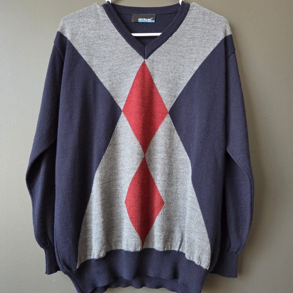 Cavellini Italy Mens V Neck Argyle Sweater Navy Red Merino Wool Blend‎ Size M